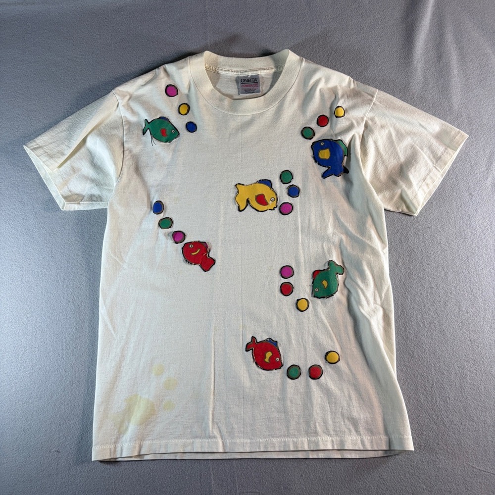 Vintage Plus Fish Applique Puff Print T Shirt Mens Large cream Single stitch